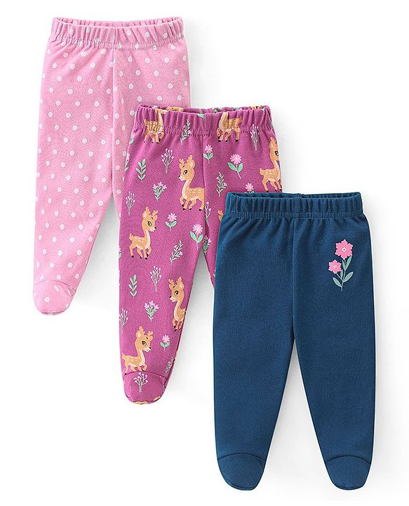 Babyhug Cotton Knit Interlock Footed Bootie Leggings Polka Dots & Deer Print Pack of 3 - Pink Purple & Blue