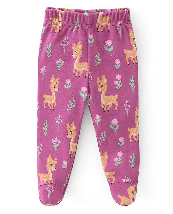 Babyhug Cotton Knit Interlock Footed Bootie Leggings Polka Dots & Deer Print Pack of 3 - Pink Purple & Blue