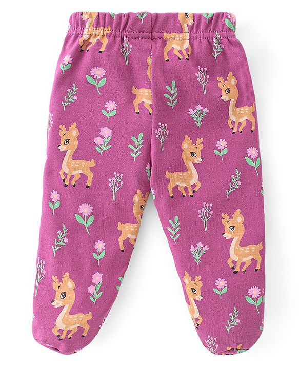 Babyhug Cotton Knit Interlock Footed Bootie Leggings Polka Dots & Deer Print Pack of 3 - Pink Purple & Blue