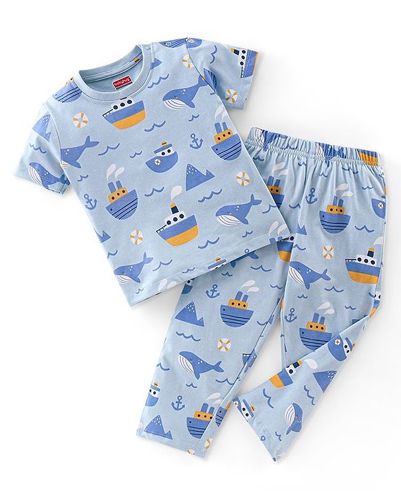 Babyhug Cotton Knit Half Sleeves Night Suit With Sea Life Print - Blue