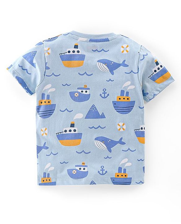 Babyhug Cotton Knit Half Sleeves Night Suit With Sea Life Print - Blue