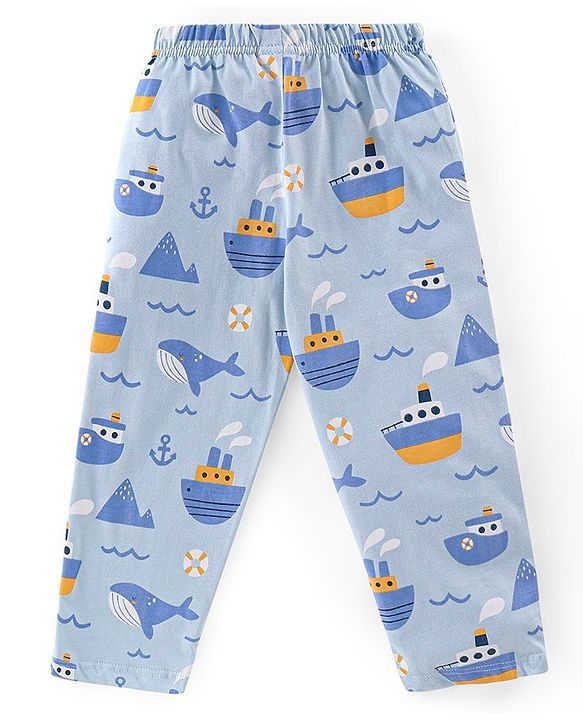 Babyhug Cotton Knit Half Sleeves Night Suit With Sea Life Print - Blue