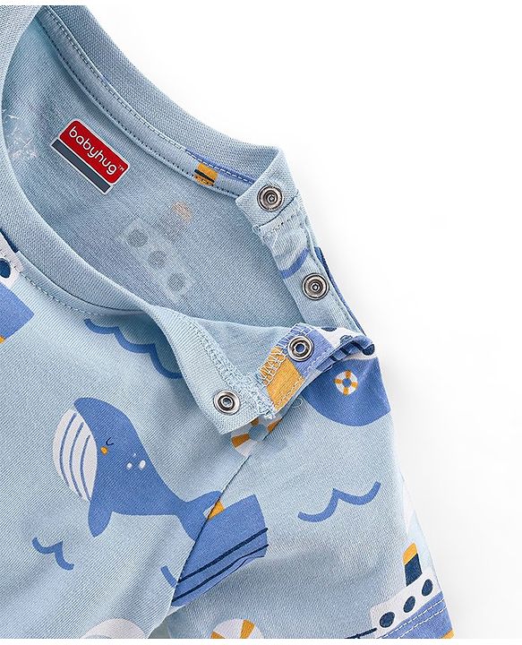 Babyhug Cotton Knit Half Sleeves Night Suit With Sea Life Print - Blue