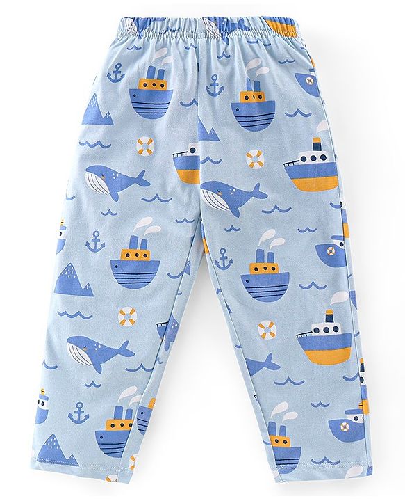 Babyhug Cotton Knit Half Sleeves Night Suit With Sea Life Print - Blue
