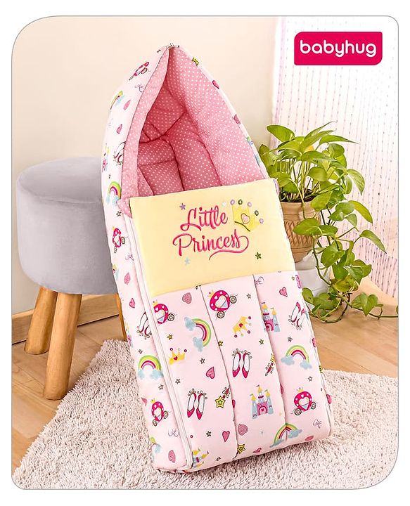 Babyhug 3 in 1 Baby Carry Nest Cum Sleeping Bag Little Princess Embroidery - Pink