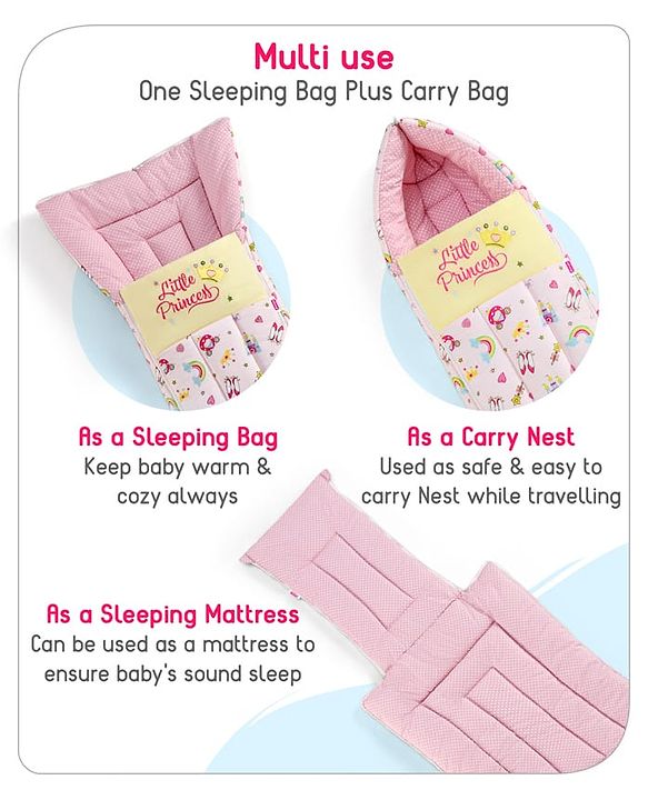Babyhug 3 in 1 Baby Carry Nest Cum Sleeping Bag Little Princess Embroidery - Pink