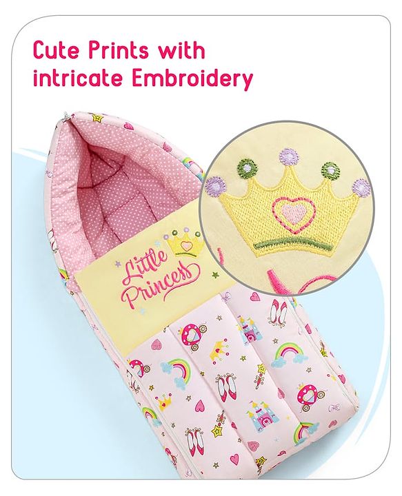 Babyhug 3 in 1 Baby Carry Nest Cum Sleeping Bag Little Princess Embroidery - Pink