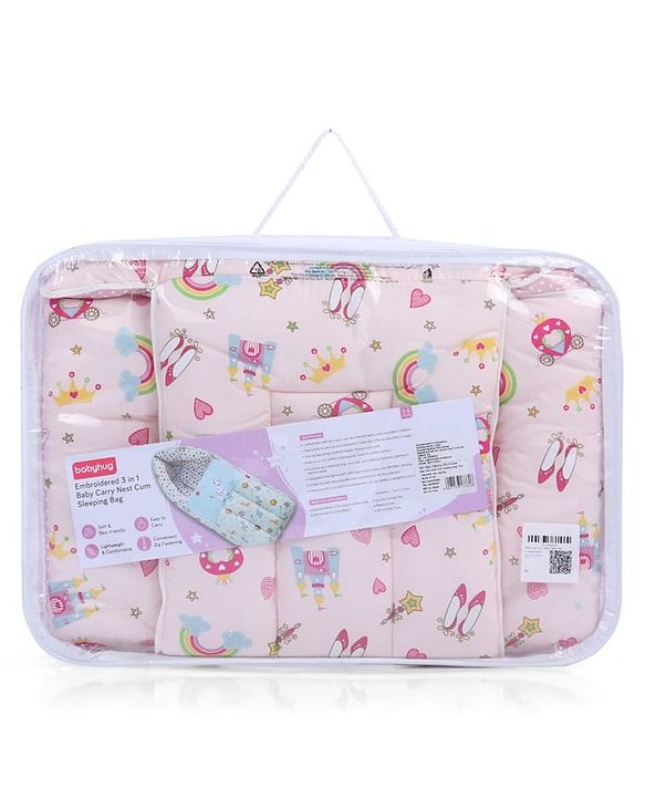 Babyhug 3 in 1 Baby Carry Nest Cum Sleeping Bag Little Princess Embroidery - Pink