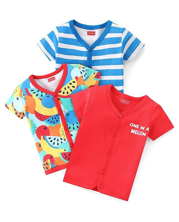 Babyhug 100% Cotton Knit Half Sleeves Front Open Vest Watermelon Print Pack of 3 - Multicolour