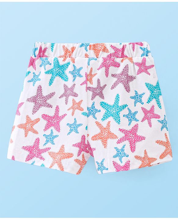Babyhug Cotton Single Jersey Knit Mid Thigh Length Shorts Marine Life Print - White
