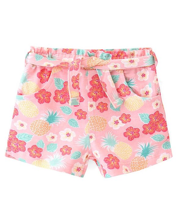 Babyhug Single Jersey Knit Mid Thigh Length Shorts with Floral Print - Pink