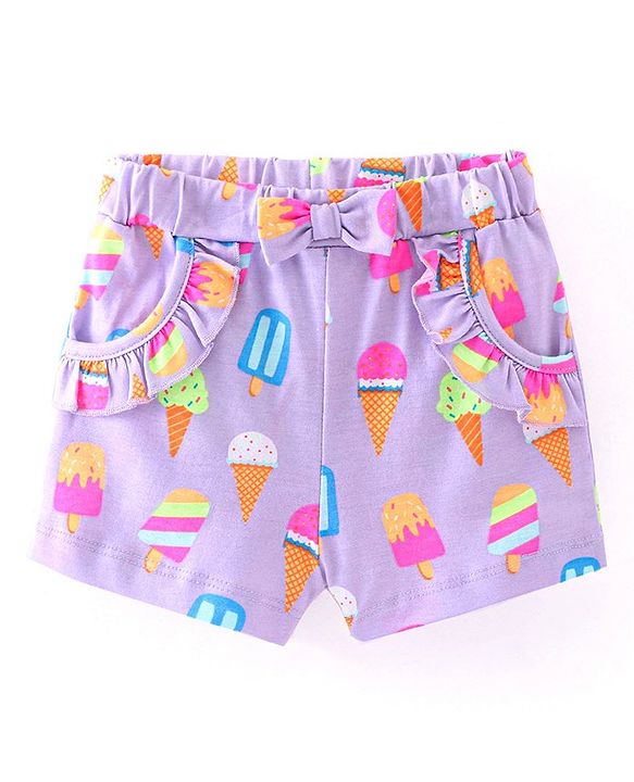 Babyhug Single Jersey Knit Mid Thigh Length Shorts Ice Cream Print - Purple