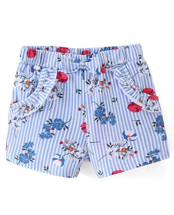 Babyhug Cotton Single Jersey Knit Mid Thigh Length Shorts Stripes & Floral Print - Blue
