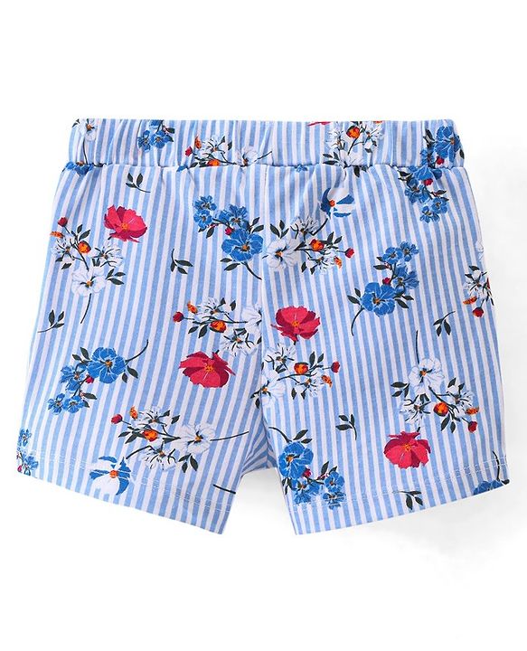 Babyhug Cotton Single Jersey Knit Mid Thigh Length Shorts Stripes & Floral Print - Blue