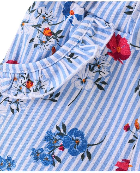 Babyhug Cotton Single Jersey Knit Mid Thigh Length Shorts Stripes & Floral Print - Blue