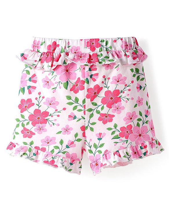 Babyhug Single Jersey Mid Thigh Length Shorts With Floral Print - White