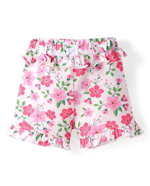 Babyhug Single Jersey Mid Thigh Length Shorts With Floral Print - White