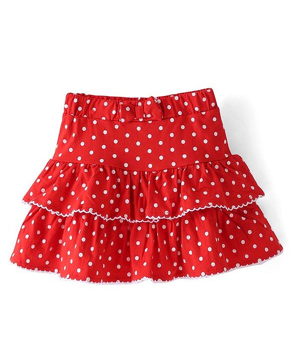 Babyhug Single Jersey Knit Mid Thigh Polka Dots Printed Layered Skirt - Red
