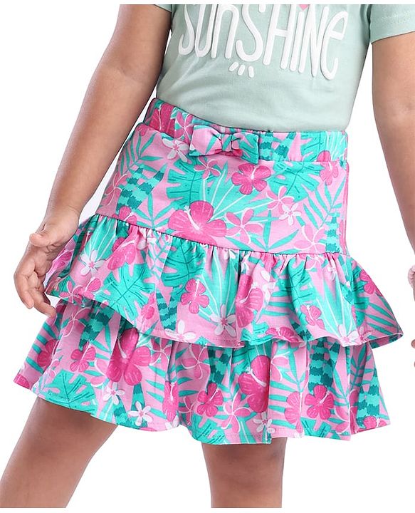Babyhug Single Jersey Knit Mid Thigh Length Skirt with Floral Print - Pink