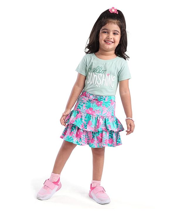 Babyhug Single Jersey Knit Mid Thigh Length Skirt with Floral Print - Pink