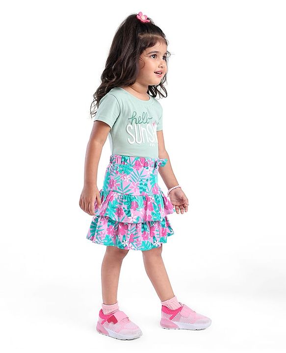 Babyhug Single Jersey Knit Mid Thigh Length Skirt with Floral Print - Pink