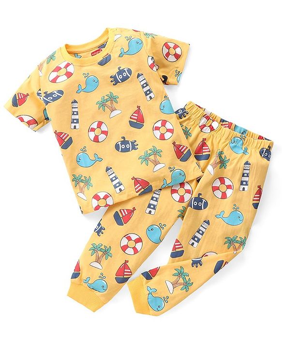 Babyhug Cotton Knit Half Sleeves Night Suit with Nautical Theme - Yellow