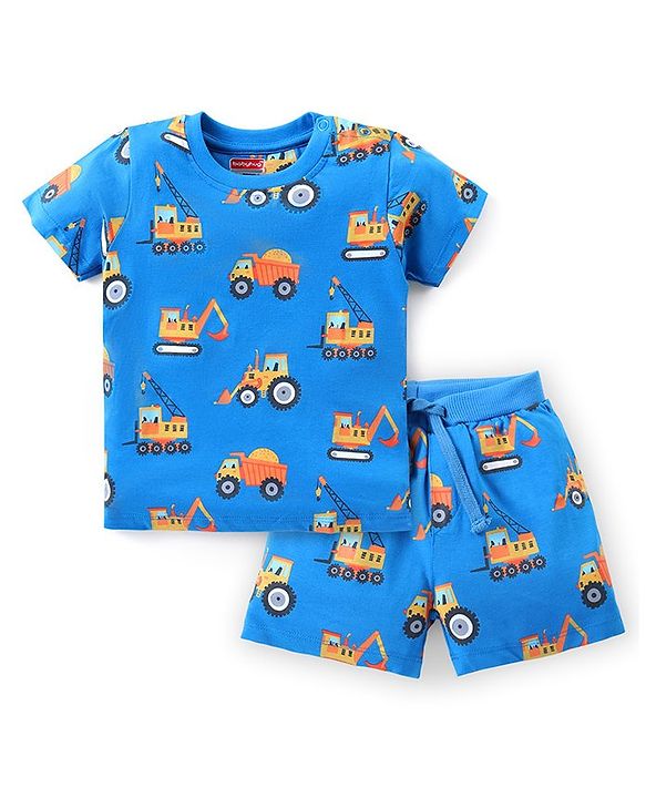 Babyhug Cotton Knit Half Sleeves Night Suit With Vehicle Print - Blue