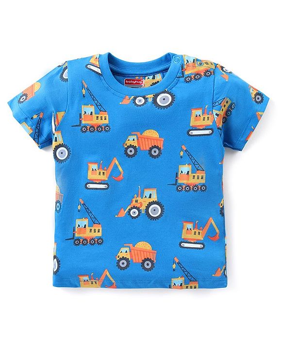 Babyhug Cotton Knit Half Sleeves Night Suit With Vehicle Print - Blue