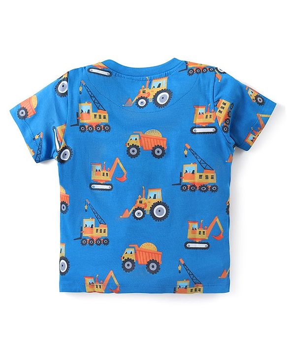 Babyhug Cotton Knit Half Sleeves Night Suit With Vehicle Print - Blue