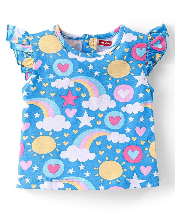 Babyhug Cotton Knit Half Sleeves  Night Suit with Rainbow Print - Blue
