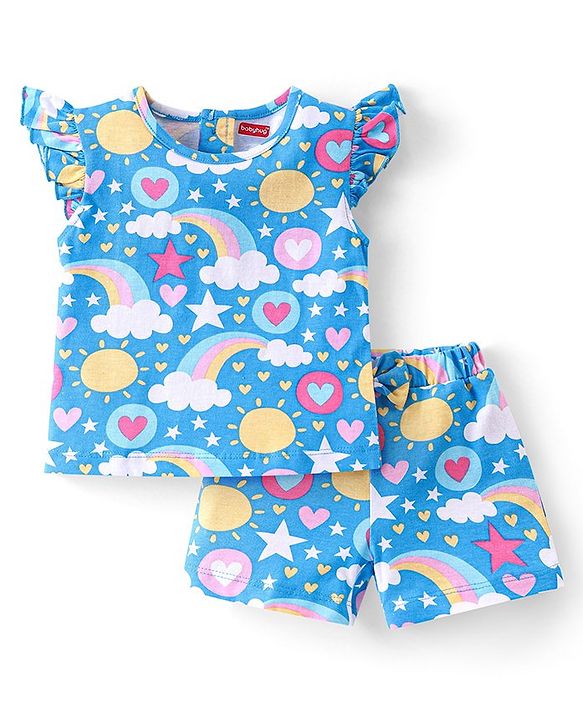 Babyhug Cotton Knit Half Sleeves  Night Suit with Rainbow Print - Blue