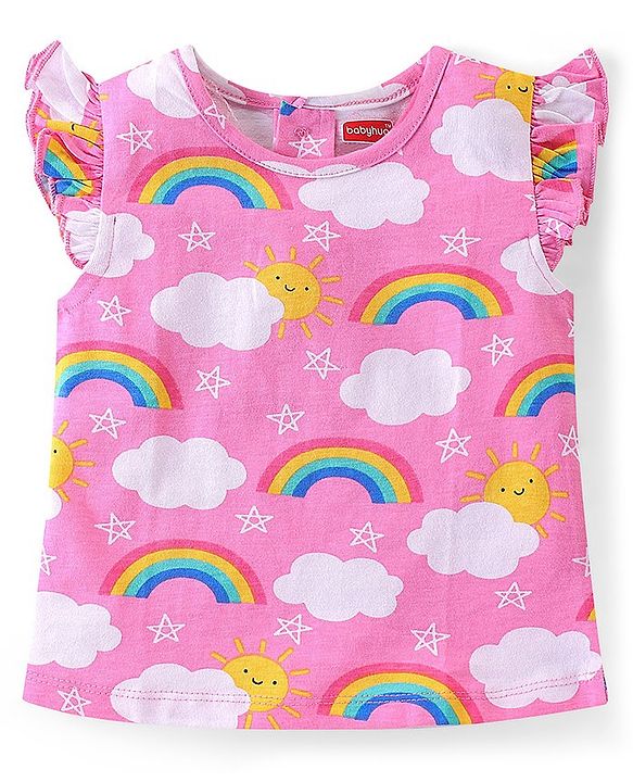 Babyhug Cotton Knit Frill Sleeves Night Suit With Rainbow Print - Pink