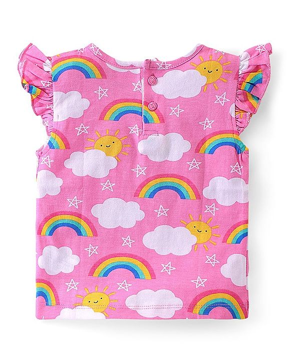 Babyhug Cotton Knit Frill Sleeves Night Suit With Rainbow Print - Pink