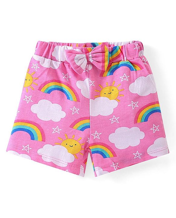 Babyhug Cotton Knit Frill Sleeves Night Suit With Rainbow Print - Pink