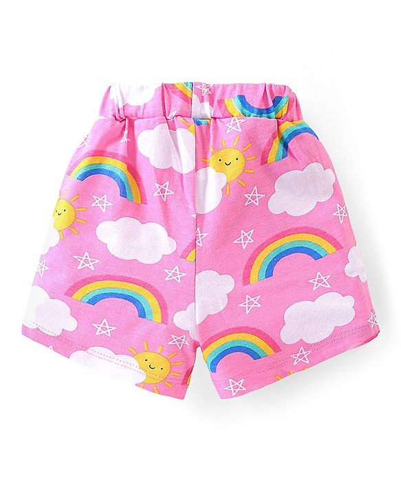 Babyhug Cotton Knit Frill Sleeves Night Suit With Rainbow Print - Pink
