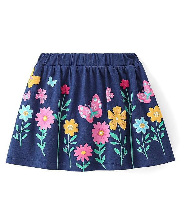 Babyhug Single Jersey Knit Mid Thigh Length Skirt Floral Print - Navy Blue