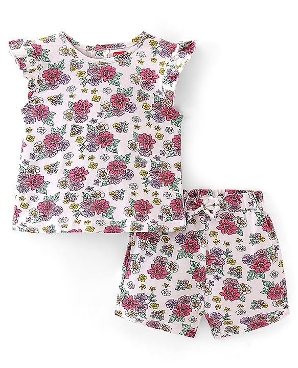Babyhug Cotton Knit Single Jersey Frill Sleeves Night Suit With Floral Print - White