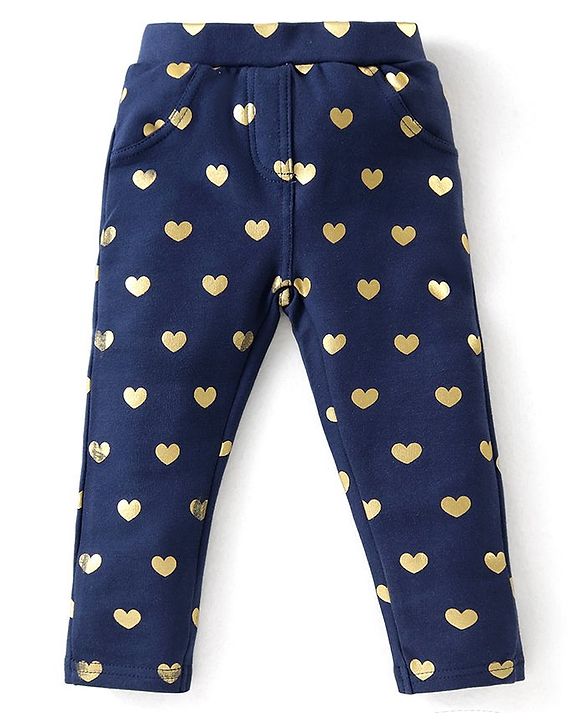 Babyhug Cotton Looper Knit Full Length Heart Printed Jeggings - Navy