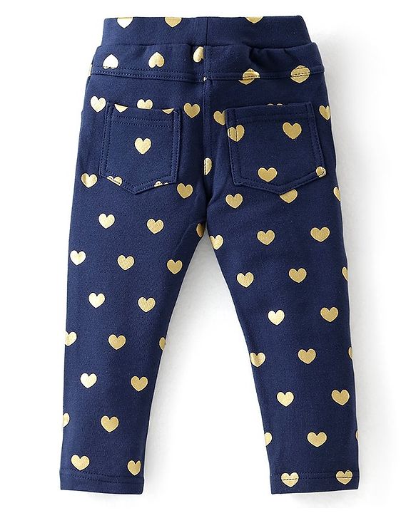 Babyhug Cotton Looper Knit Full Length Heart Printed Jeggings - Navy