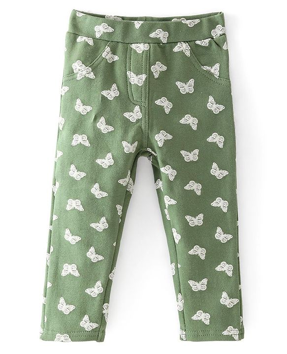 Babyhug Cotton Looper Full Length Jeggings Butterfly Print - Green