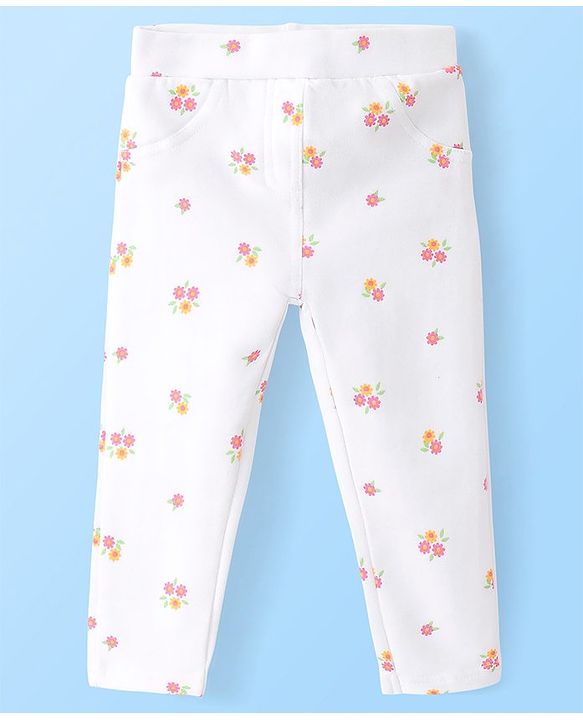 Babyhug Cotton Knit Full Length Looper Jeggings Floral Print - White