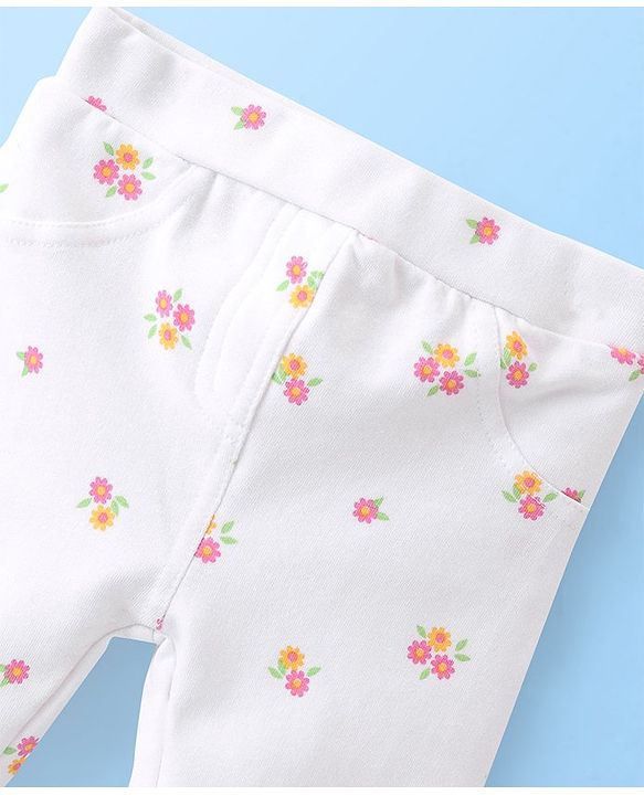 Babyhug Cotton Knit Full Length Looper Jeggings Floral Print - White