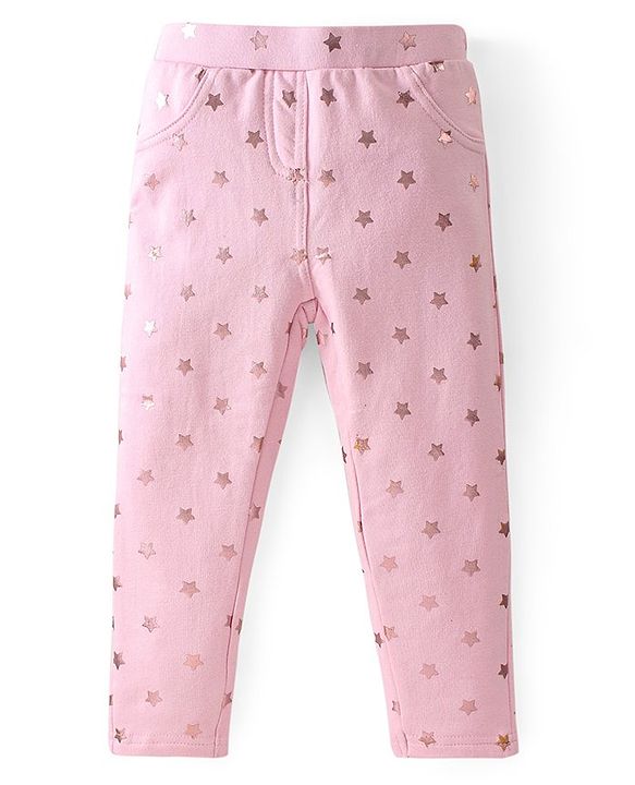Babyhug Cotton Looper Knit Full Length  Jeggings Star Print -  Pink