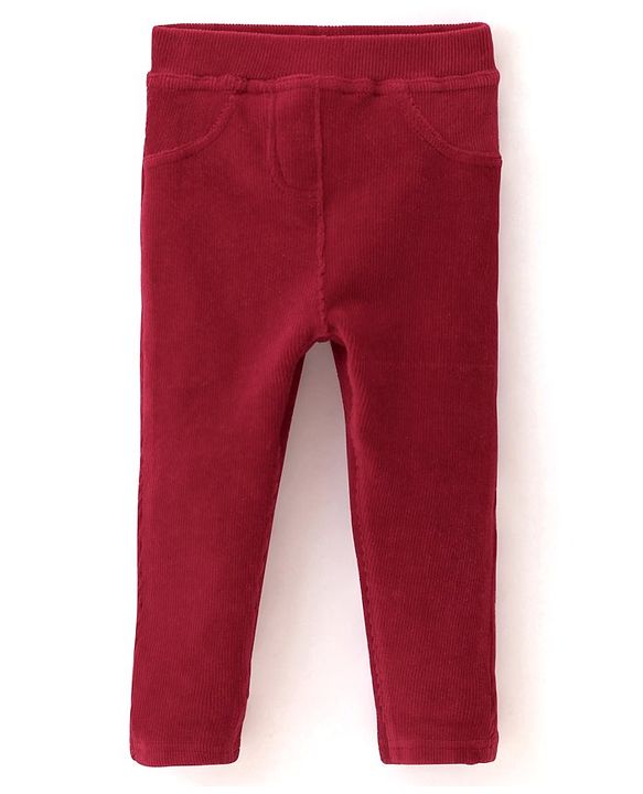 Babyhug Cotton Looper Knit Full Length Solid Jeggings - Red