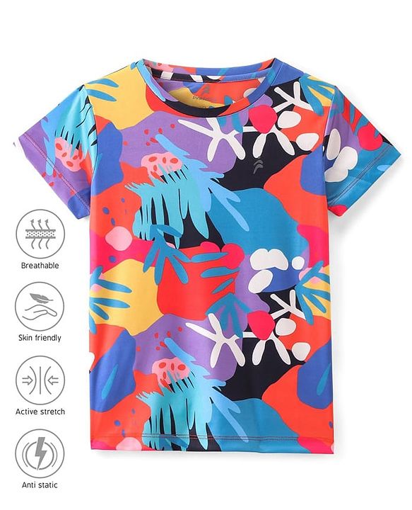 Pine Active Half Sleeves High Stretch T-Shirt Leaf Print- Multicolour