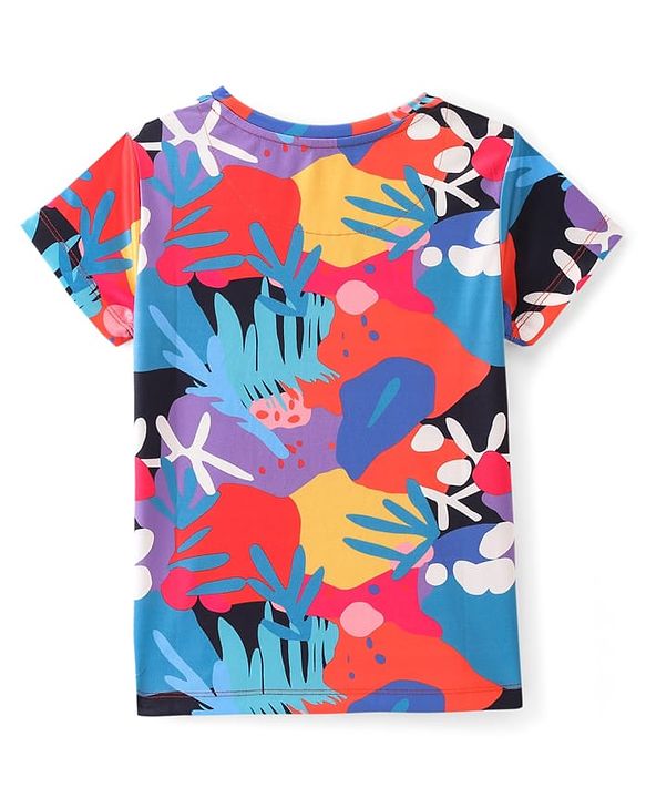 Pine Active Half Sleeves High Stretch T-Shirt Leaf Print- Multicolour