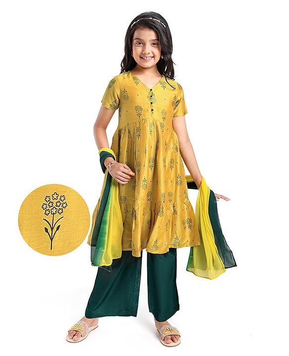 Pine Kids Silk Viscose Woven Half Sleeves Gold Foil Floral Printed Kurti Salwar Set with Shaded Dupatta- Yellow