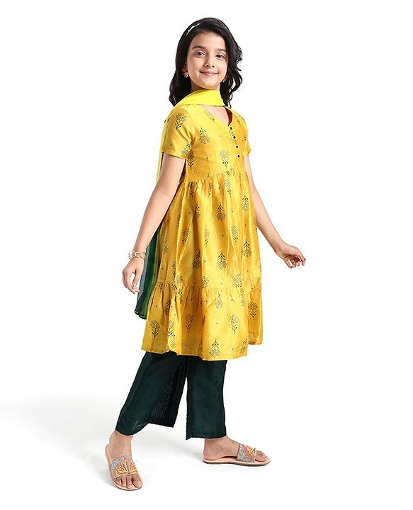 Pine Kids Silk Viscose Woven Half Sleeves Gold Foil Floral Printed Kurti Salwar Set with Shaded Dupatta- Yellow