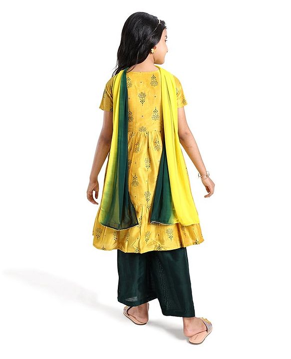 Pine Kids Silk Viscose Woven Half Sleeves Gold Foil Floral Printed Kurti Salwar Set with Shaded Dupatta- Yellow