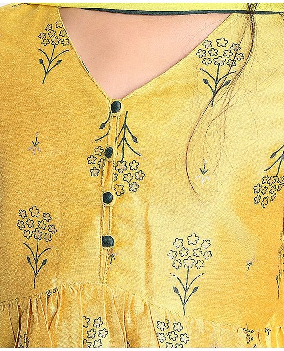 Pine Kids Silk Viscose Woven Half Sleeves Gold Foil Floral Printed Kurti Salwar Set with Shaded Dupatta- Yellow